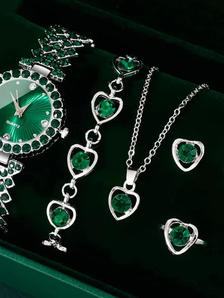 Heart Set Rhinestone Ring Necklace Earring Jewelry Set Luxury Women Fashion Watches Dress Quartz Wristwatch Simple Elegant Watch