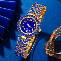 Elegant Rhinestone Jewelry Set 6pcs/set Women's Wrist Watch & Synthetic Gem Valentines Quartz Watch Blue Fashion