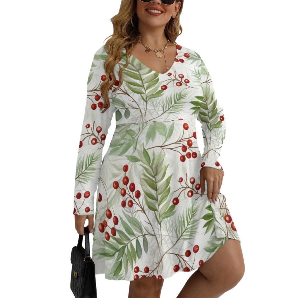 Sunshine-Ready Smocked Mini Dress for Plus Size Women V-neck Long Sleeve