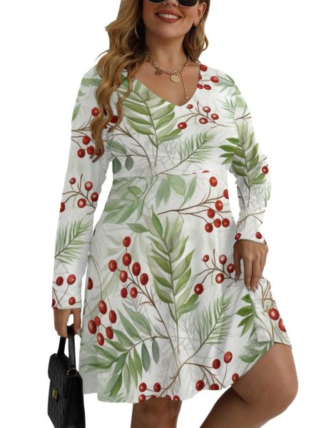 Sunshine-Ready Smocked Mini Dress for Plus Size Women V-neck Long Sleeve