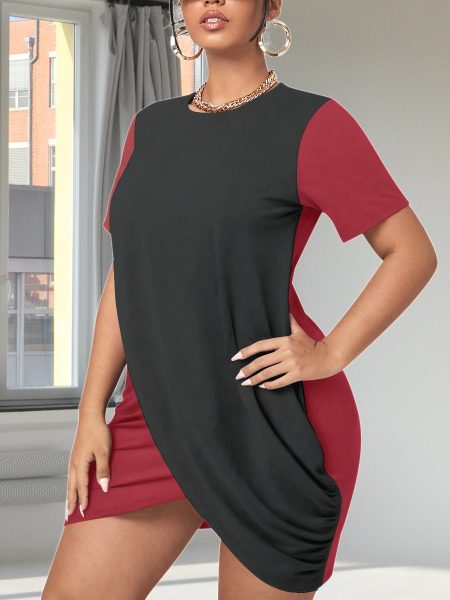 The Plus Mini Black & Red Dress Captivating Women Stacked Hem with Short Sleeve