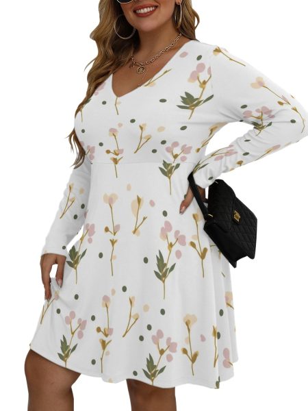 Plus Size Mini Dress Fit with a V-Neck Women Long Sleeve