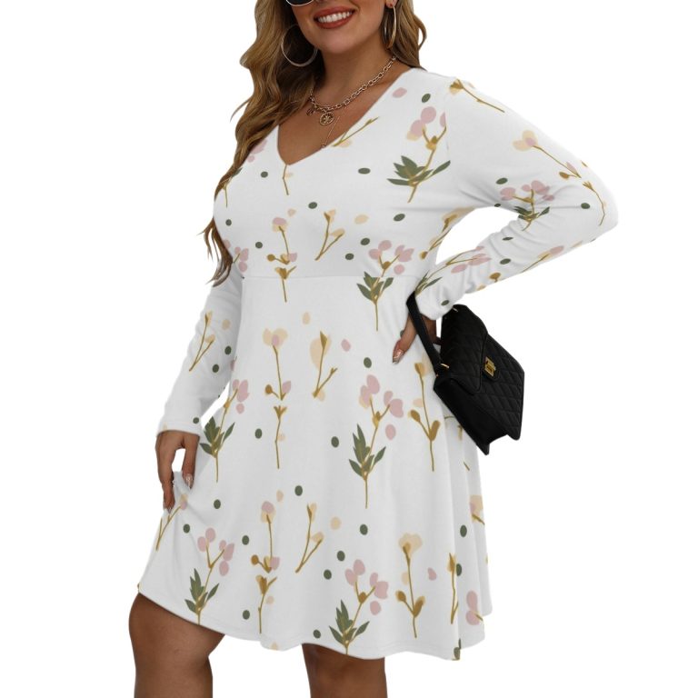 Plus Size Mini Dress Fit with a V-Neck Women Long Sleeve