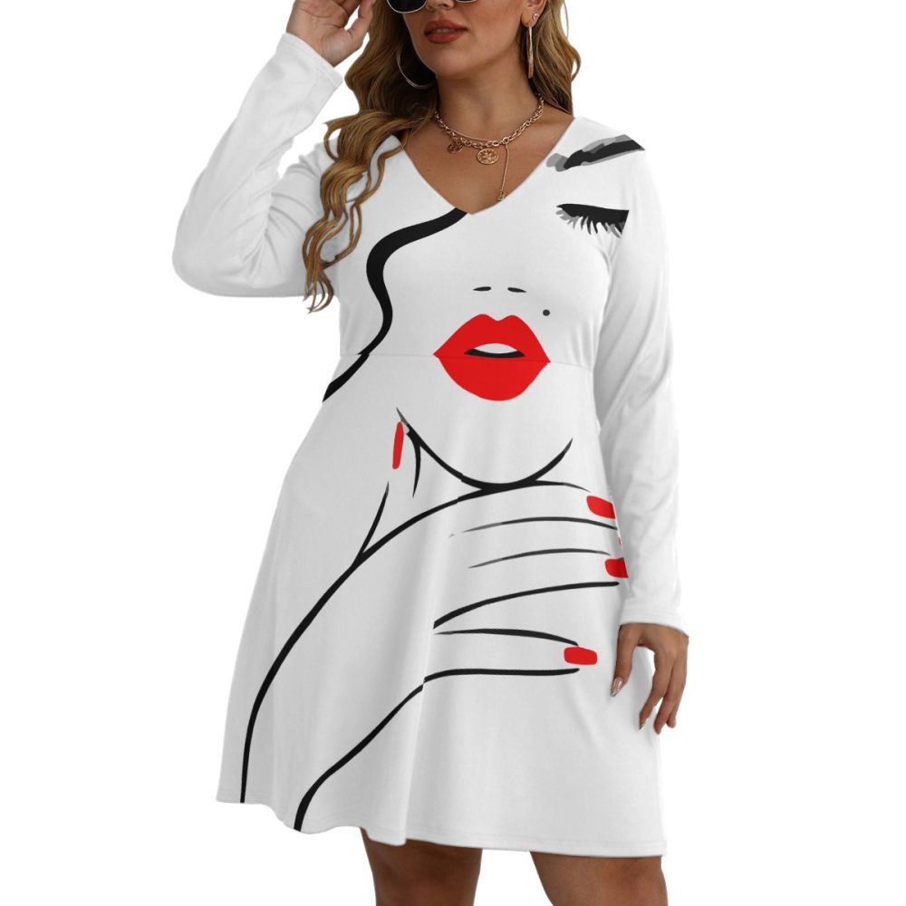 Chic & Confident Mini Dress Plus Size A-Line Women's V-neck Long Sleeve