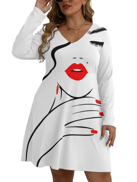 Chic & Confident Mini Dress Plus Size A-Line Women's V-neck Long Sleeve
