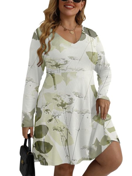 Floral Mini Dress for Curvy Women V-neck Long Sleeve Plus Size