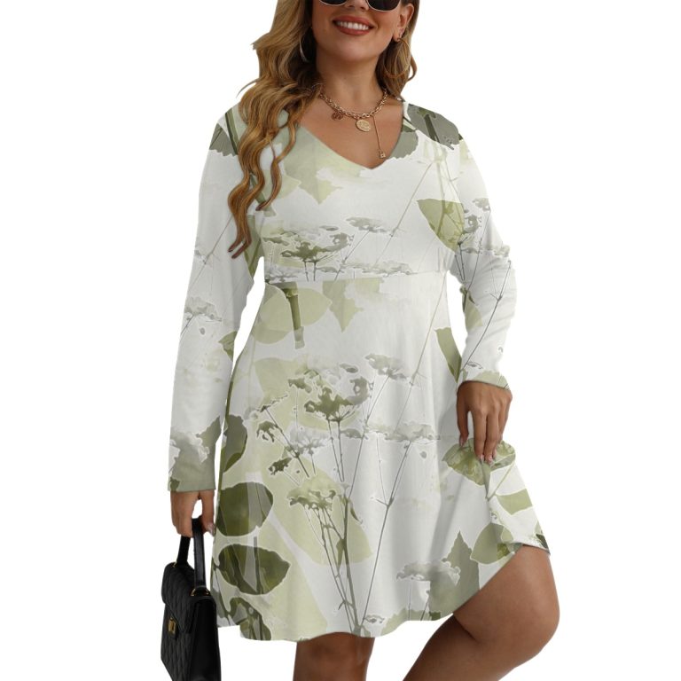 Floral Mini Dress for Curvy Women V-neck Long Sleeve Plus Size