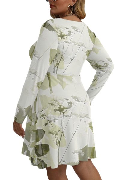 Floral Mini Dress for Curvy Women V-neck Long Sleeve Plus Size