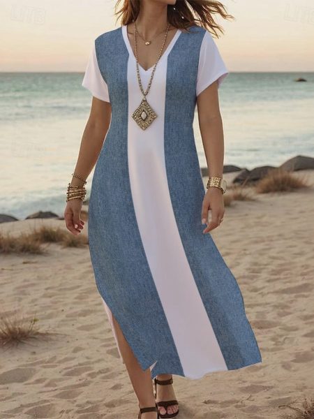 Maxi Dress Soft Flame V-Neck Denim Style Side Slit Flow Women Summer Wear