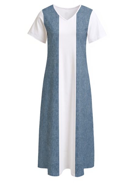 Maxi Dress Soft Flame V-Neck Denim Style Side Slit Flow Women Summer Wear