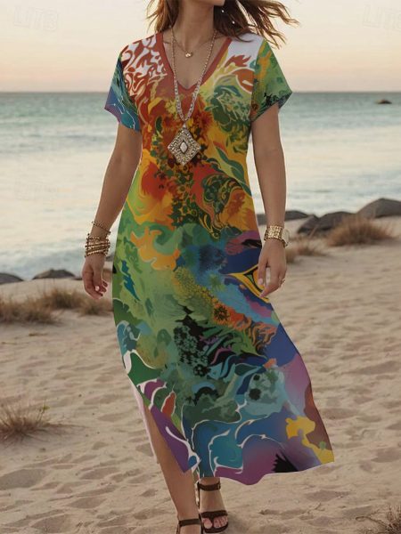 Serenity Curve V-Neck Maxi Dress with Side Slit for The Alluring Summer