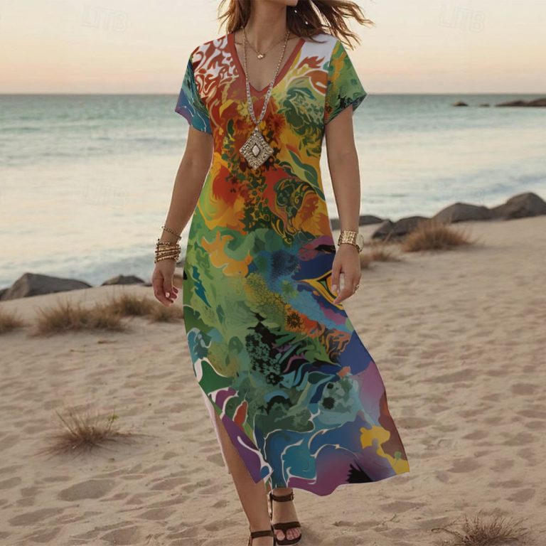 Serenity Curve V-Neck Maxi Dress with Side Slit for The Alluring Summer