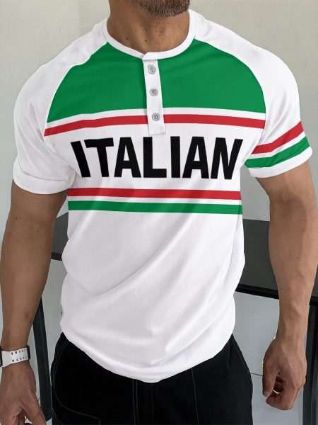 Relaxed Fit Men T-Shirt Raglan Sleeve Outstanding Italian Tee with Button Front