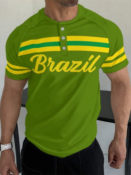 Men Stylish T-Shirt Raglan Button-Down Attractive Casual Everyday Wear