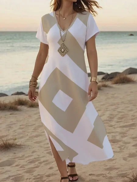 Sunset Stroll V-Neck Maxi Dress Women Affordable V-neck Dress With Side Slit - Beige, S