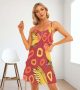 Orange Tropical Cami Dress Women Birds V-Neck Summer