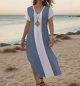 Maxi Dress Soft Flame V-Neck Denim Style Side Slit Flow Women Summer Wear