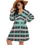 Stylish Plaig Mini Dress Curvy Women V-neck Waistband Plus Size