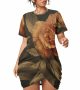 Beautiful Mini Dress Flowered Women Hem Short Sleeve Plus Size