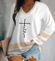 Faith V-neck Casual T-shirt Loose Long Sleeve